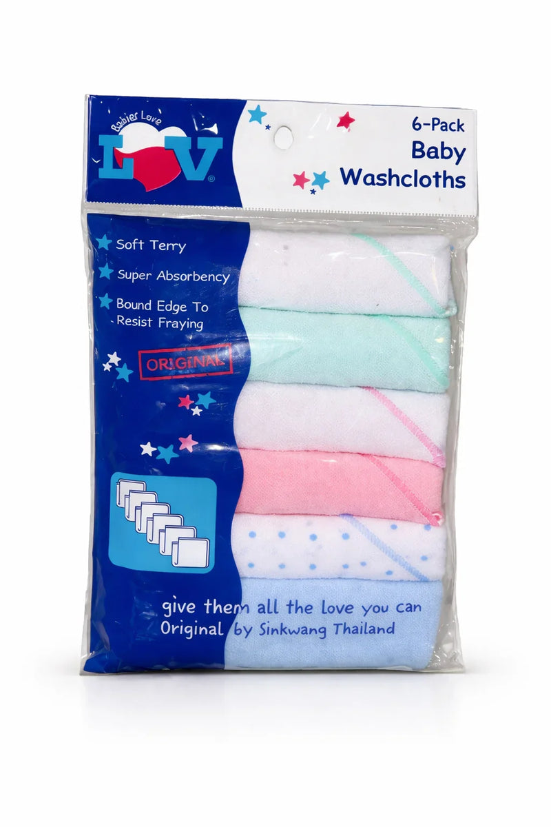 6-pack assorted pastel baby washcloths in original packaging, soft terry, super absorbent.