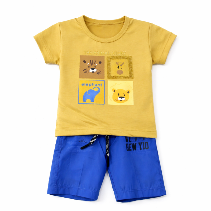 Little Minors boys' animal story summer set includes a cotton T-shirt with animal prints and matching shorts.