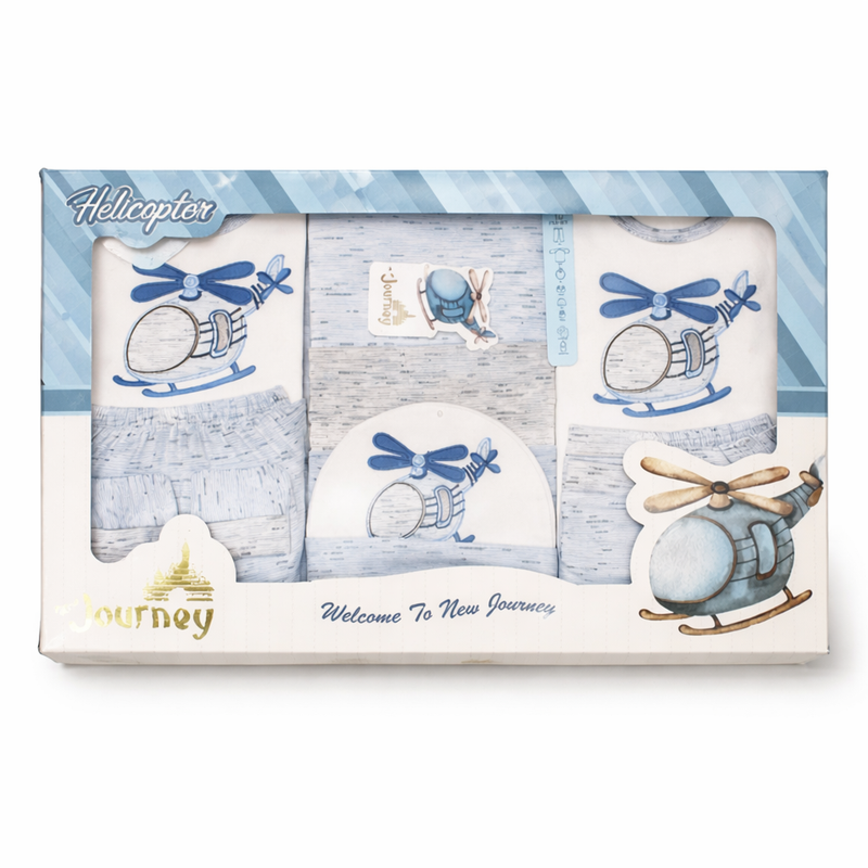 Newborn baby gift set by Little Minors featuring a helicopter-themed 5-piece cotton starter kit with soft, colorful baby essentials.