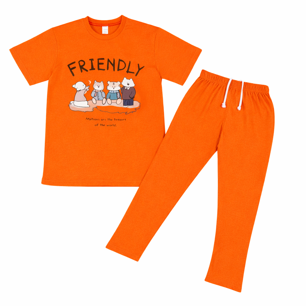 Friendly Cartoon Kids Tracksuit – Orange Cotton Summer Set for Boys