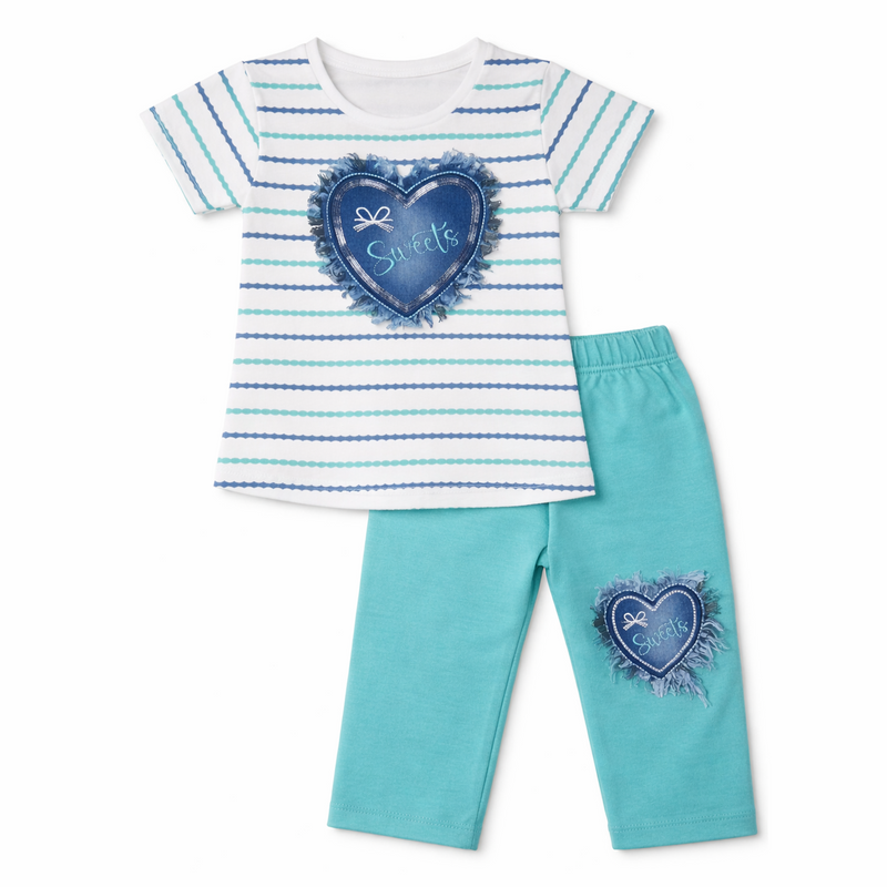 Girls' Sweet Heart Summer Set by Little Minors with a striped T-shirt and matching pants, perfect for warm weather.
