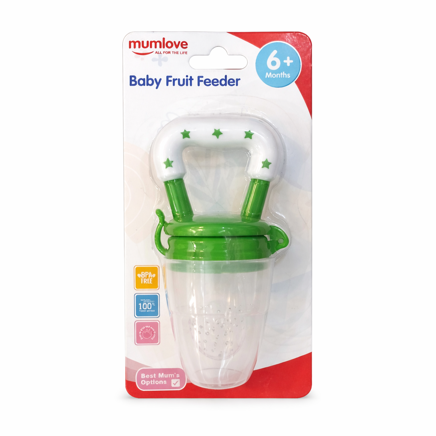 Silicone baby fruit feeder from Little Minors, BPA-free and safe for infants 6+ months, showing a colorful fruit-filled feeder.