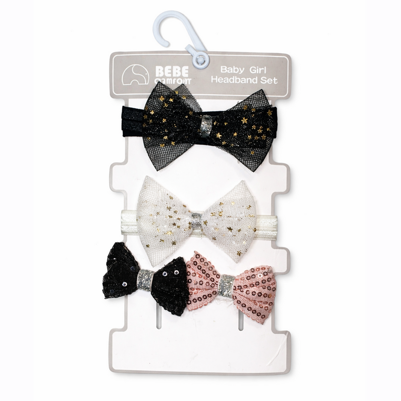 Set of three baby girl headbands with stylish bows from Little Minors, soft elastic bands for party wear and everyday use.