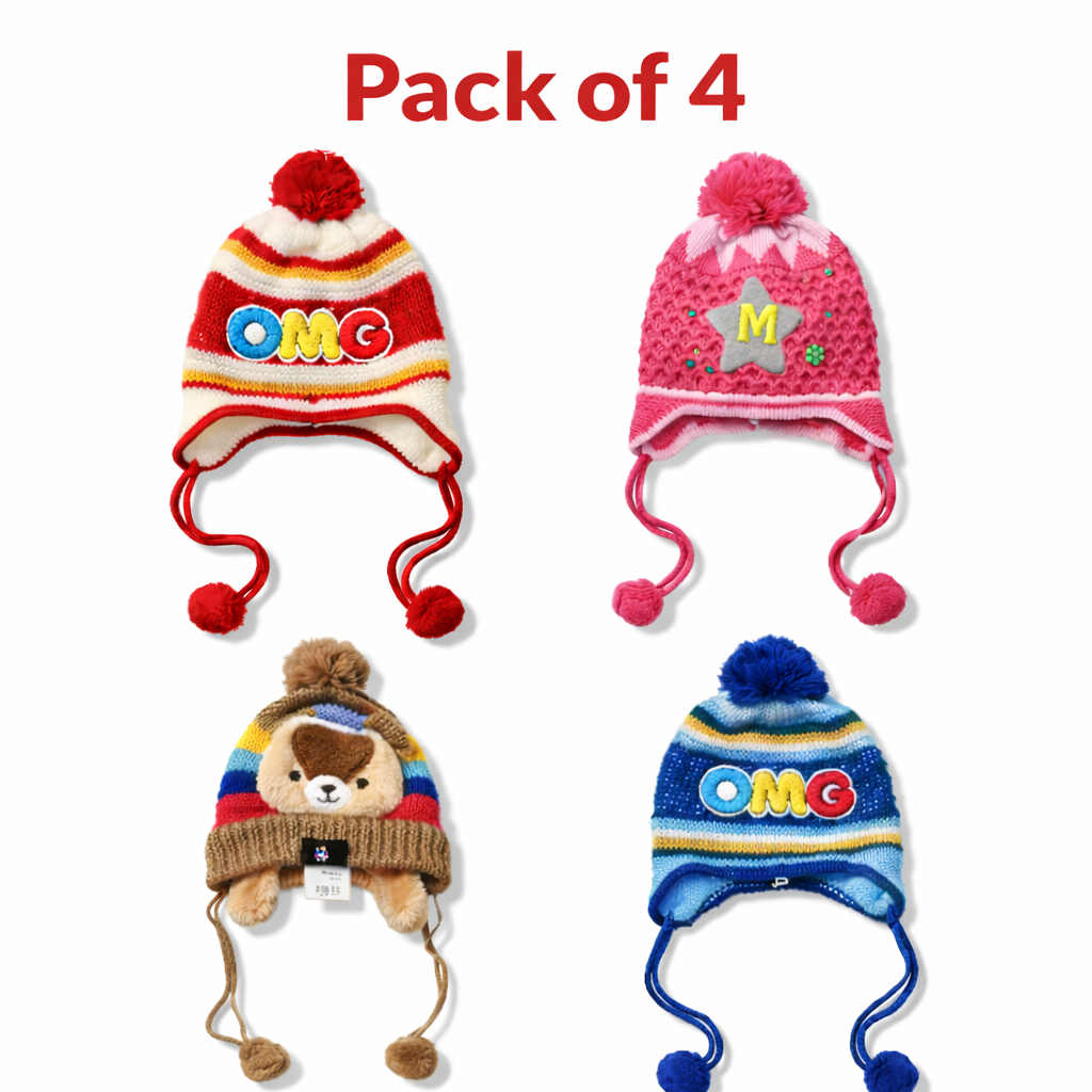 Kids Winter Earflap Beanie mix Designs Caps Pack of 4 Pom-Pom & Cute Designs