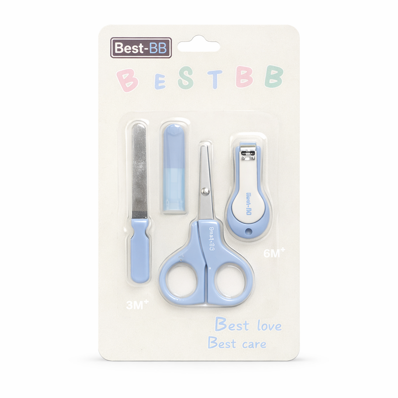 Little Minors baby grooming kit set with nail cutter, scissors, and nail file for babies aged 3 months and older.