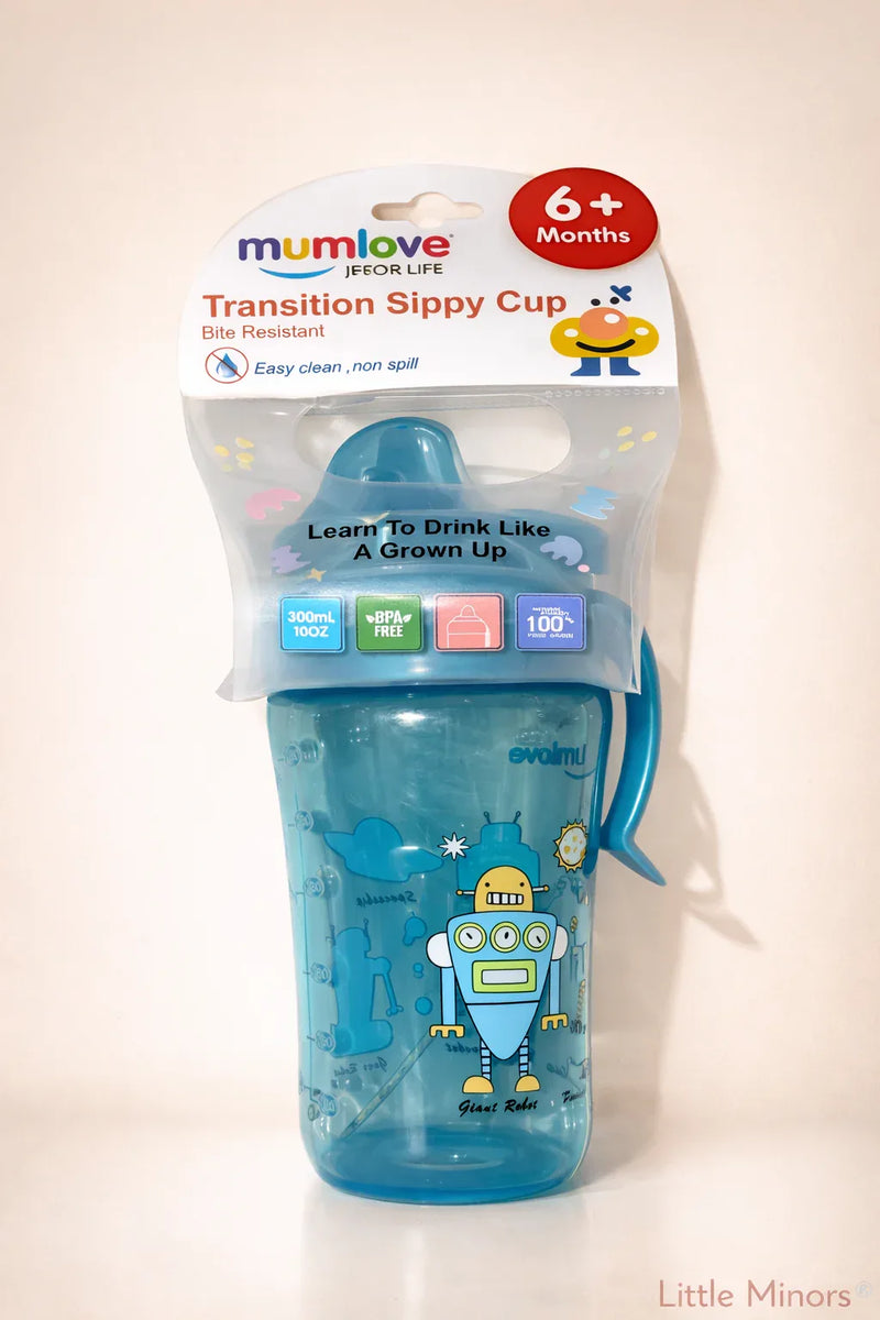 Little Minors baby transition sippy cup with handles, 300ml spill-proof training cup for children 6+ months, shown with handles and spout.