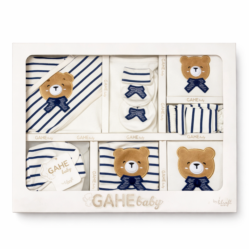 Luxury newborn baby gift set by Little Minors, Bear Stripe 10-piece cotton starter kit with soft, adorable baby clothing and accessories.