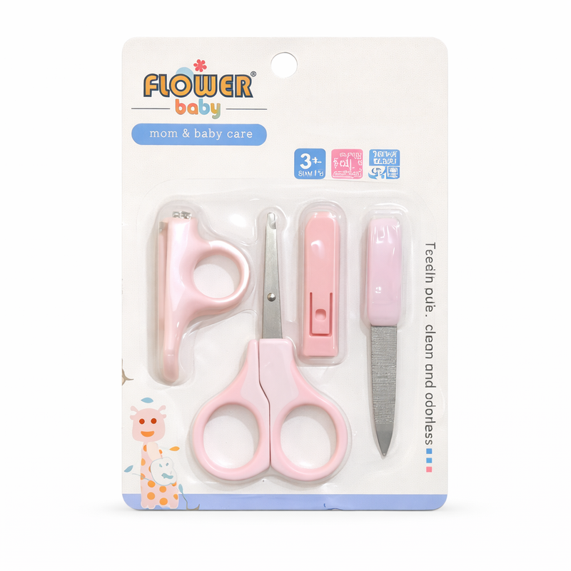 Little Minors baby grooming kit with nail cutter, scissors, and file for infants 3 months and older, arranged on a soft surface.