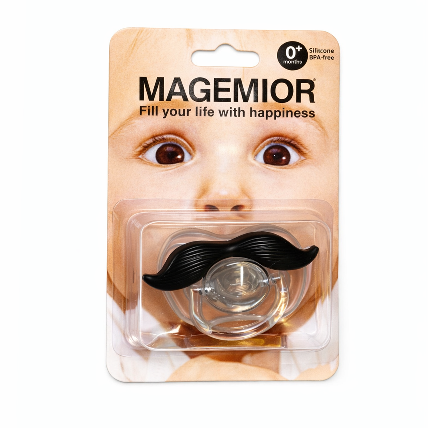 Little Minors funny mustache baby pacifier with BPA-free silicone, suitable for 0+ months, featuring a playful mustache design.