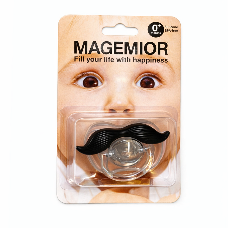 Little Minors funny mustache baby pacifier with BPA-free silicone, suitable for 0+ months, featuring a playful mustache design.