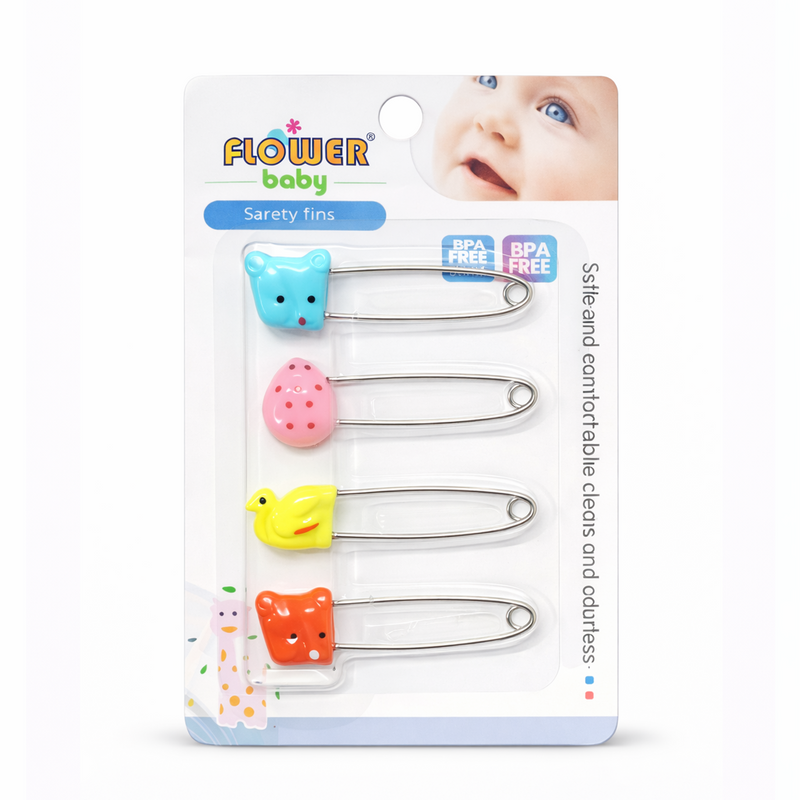 Set of four Little Minors baby safety pins with cute cartoon designs, BPA-free newborn essentials for safe clothing fastening.