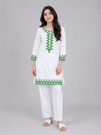 Girls White Embroidered Cotton Kurta Trouser Set – 2 Piece Pakistani Eastern Dress for Kids