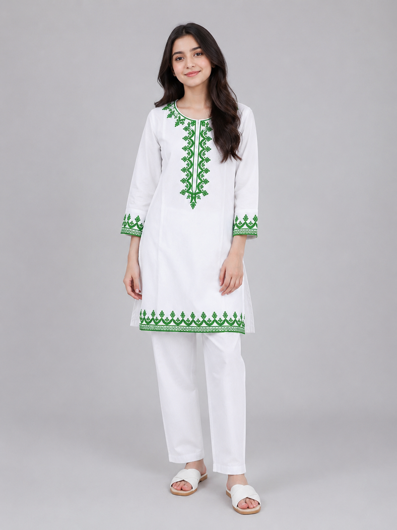 Girls White Embroidered Cotton Kurta Trouser Set – 2 Piece Pakistani Eastern Dress for Kids