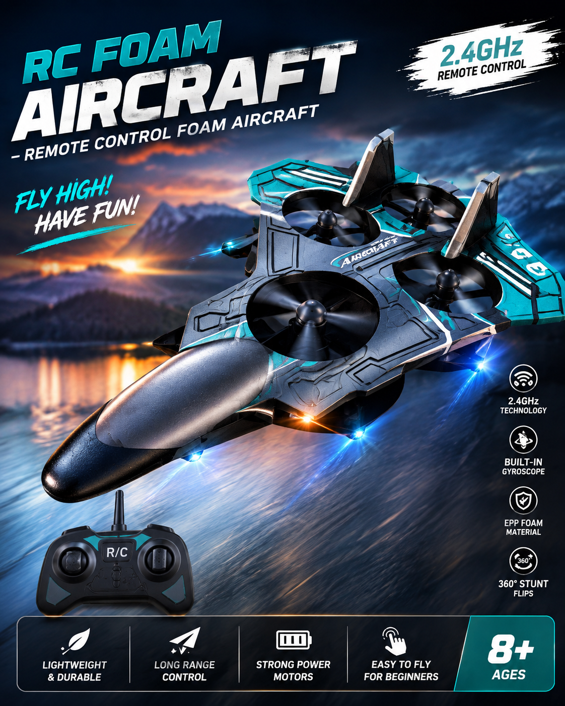 2.4GHz RC foam aircraft drone with remote control, LED lights, built-in gyroscope, and durable EPP foam for kids aged 8 years and above.
