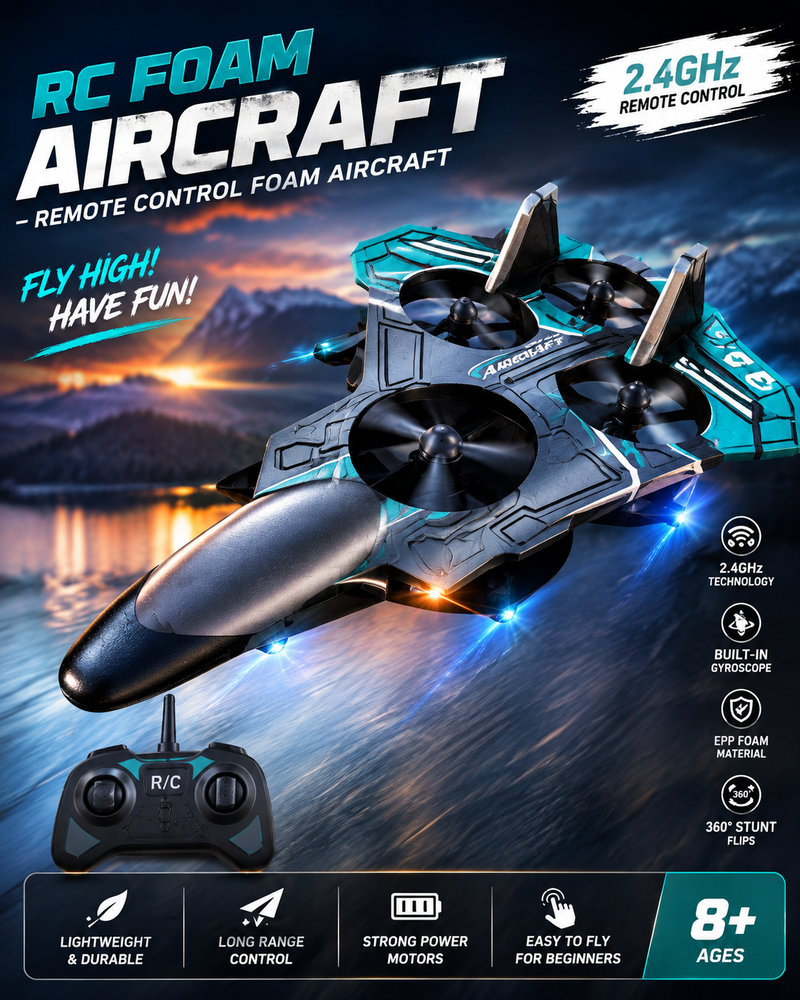 2.4GHz RC foam aircraft drone with remote control, LED lights, built-in gyroscope, and durable EPP foam for kids aged 8 years and above.