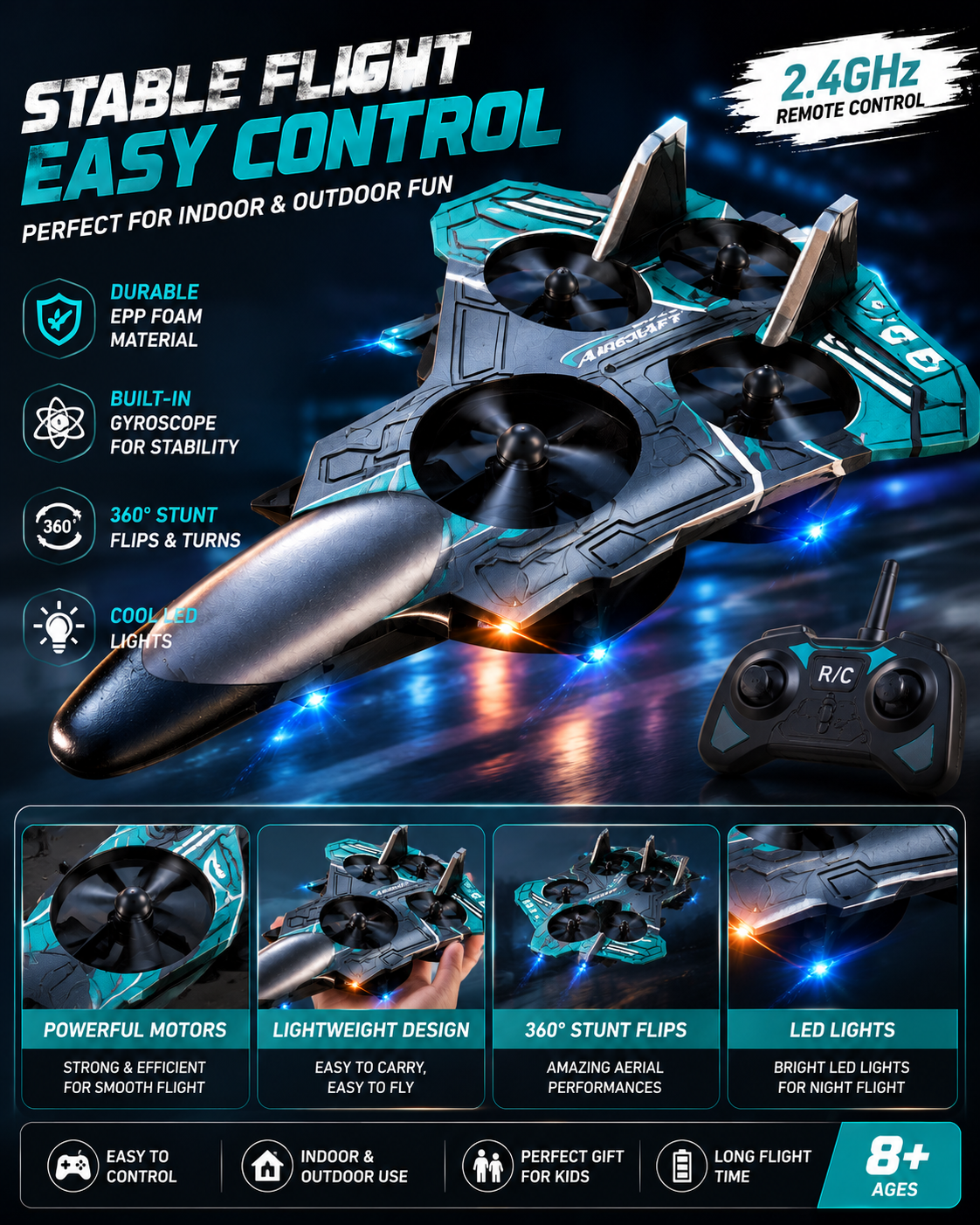 2.4GHz RC foam aircraft drone with remote control, LED lights, built-in gyroscope, and durable EPP foam for kids aged 8 years and above. - hover image