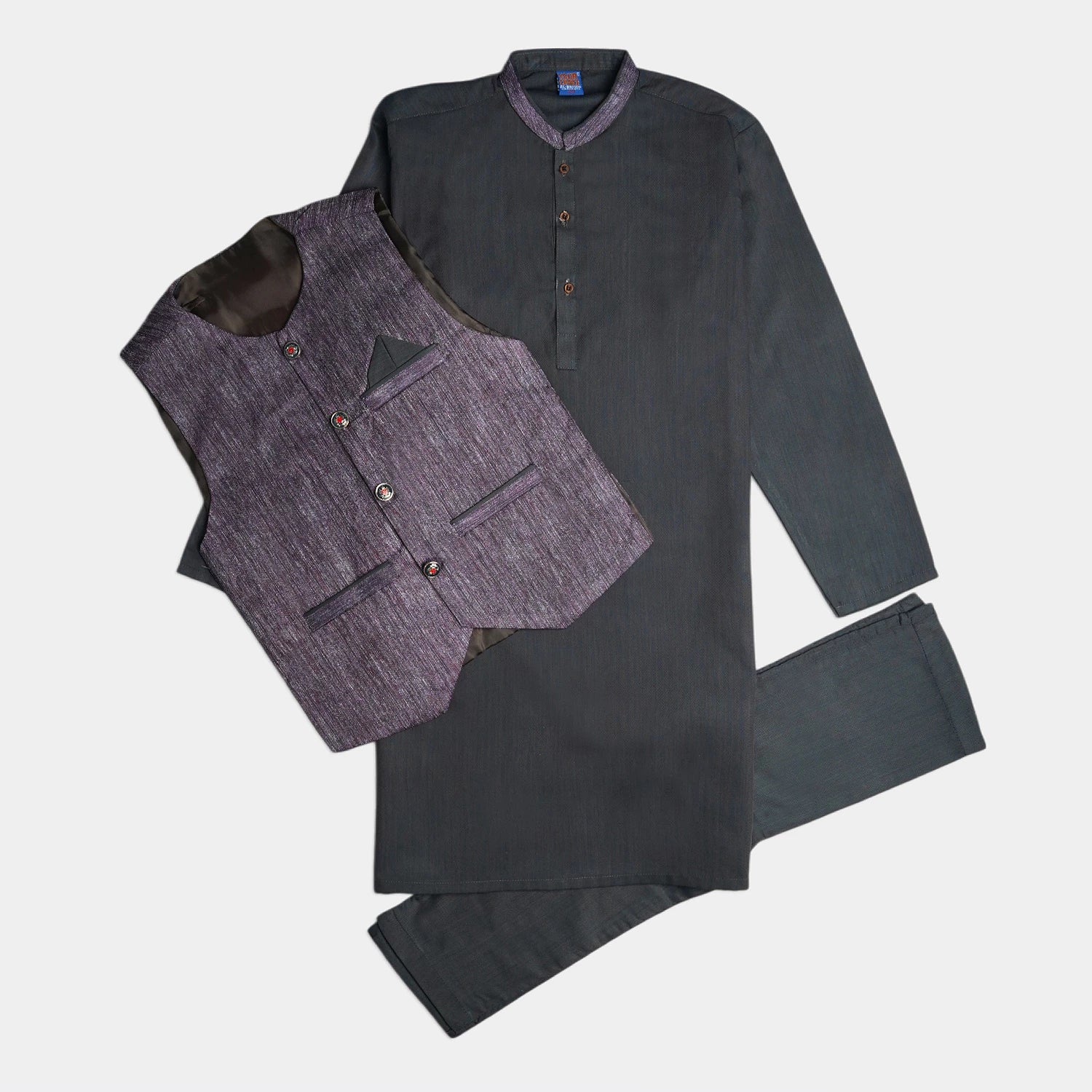 Kids 3-Piece Kurta Pajama Waistcoat Set - Gray Plain