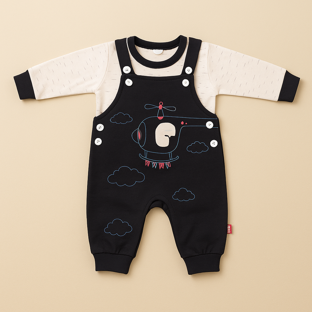 Baby Helicopter Printed Romper Set – Full Sleeve Shirt + Overall | 3 Colors