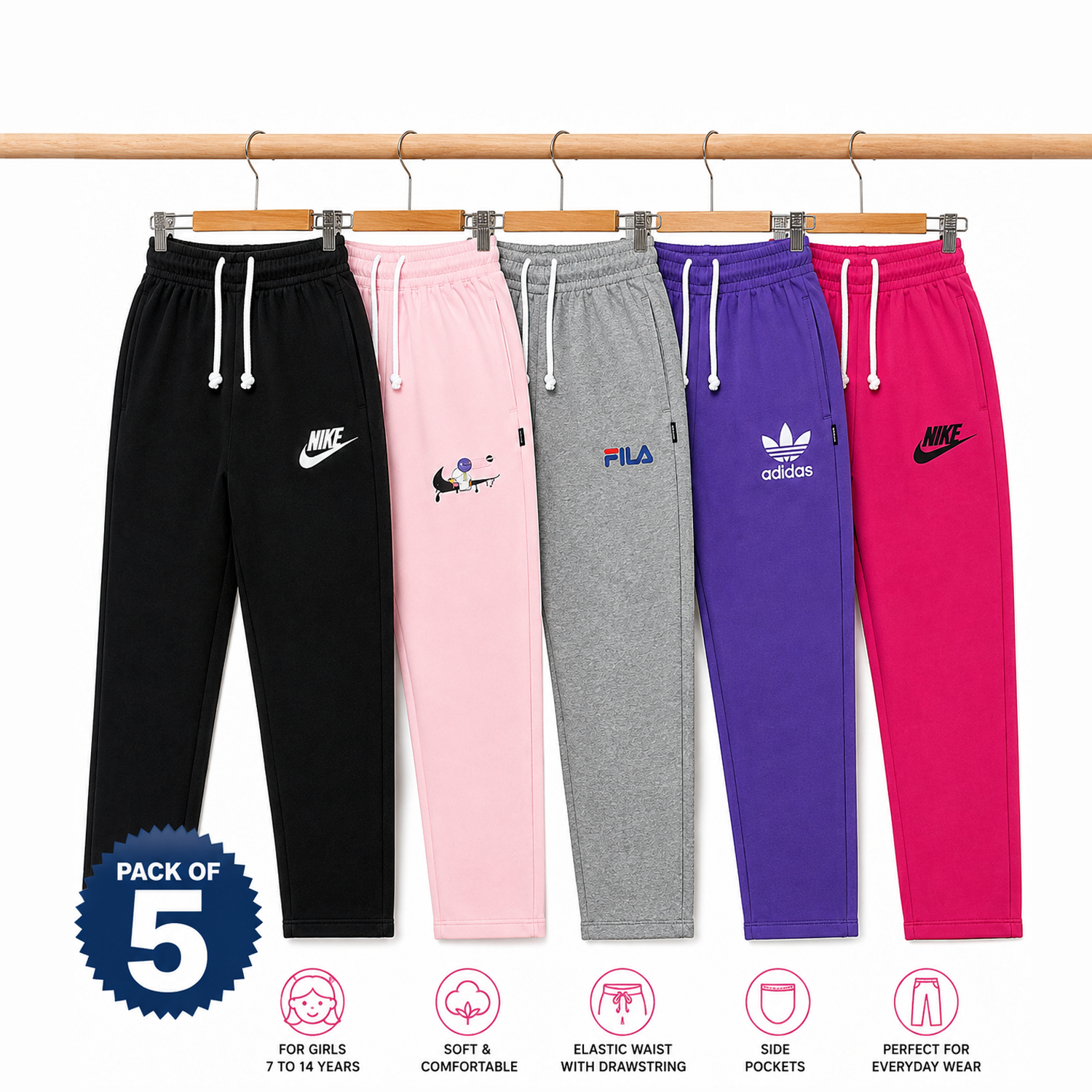 Pack of 5 Girls Jersy Cotton Pink Trouser Soft & Comfortable Casual Trousers Ages 6-11 Years