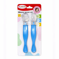 Blue silicone baby spoon set in packaging, BPA free, ideal for feeding infants and toddlers.