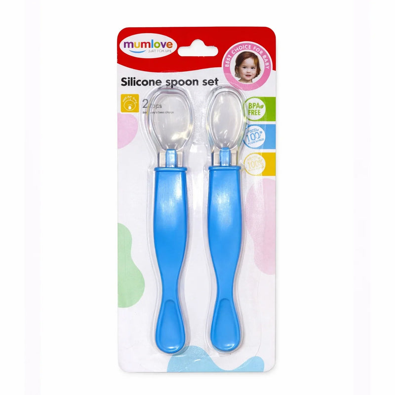 Blue silicone baby spoon set in packaging, BPA free, ideal for feeding infants and toddlers.