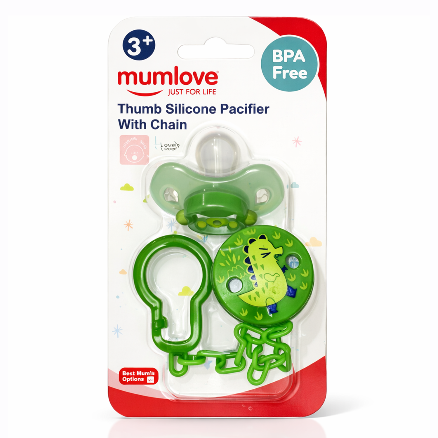 Little Minors baby silicone pacifier with chain, BPA-free soother for newborns 3+ months, featuring a soft silicone nipple and safety clip.