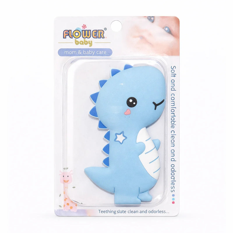 Little Minors baby silicone tractor teether, soft chew toy for newborns, with colorful tractor shape and textured surface.