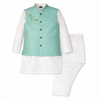 Boys white kurta pajama with mint green waistcoat set, formal kids ethnic wear
