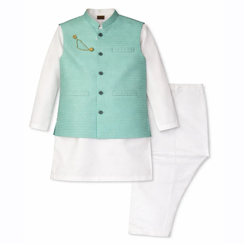 Boys white kurta pajama with mint green waistcoat set, formal kids ethnic wear