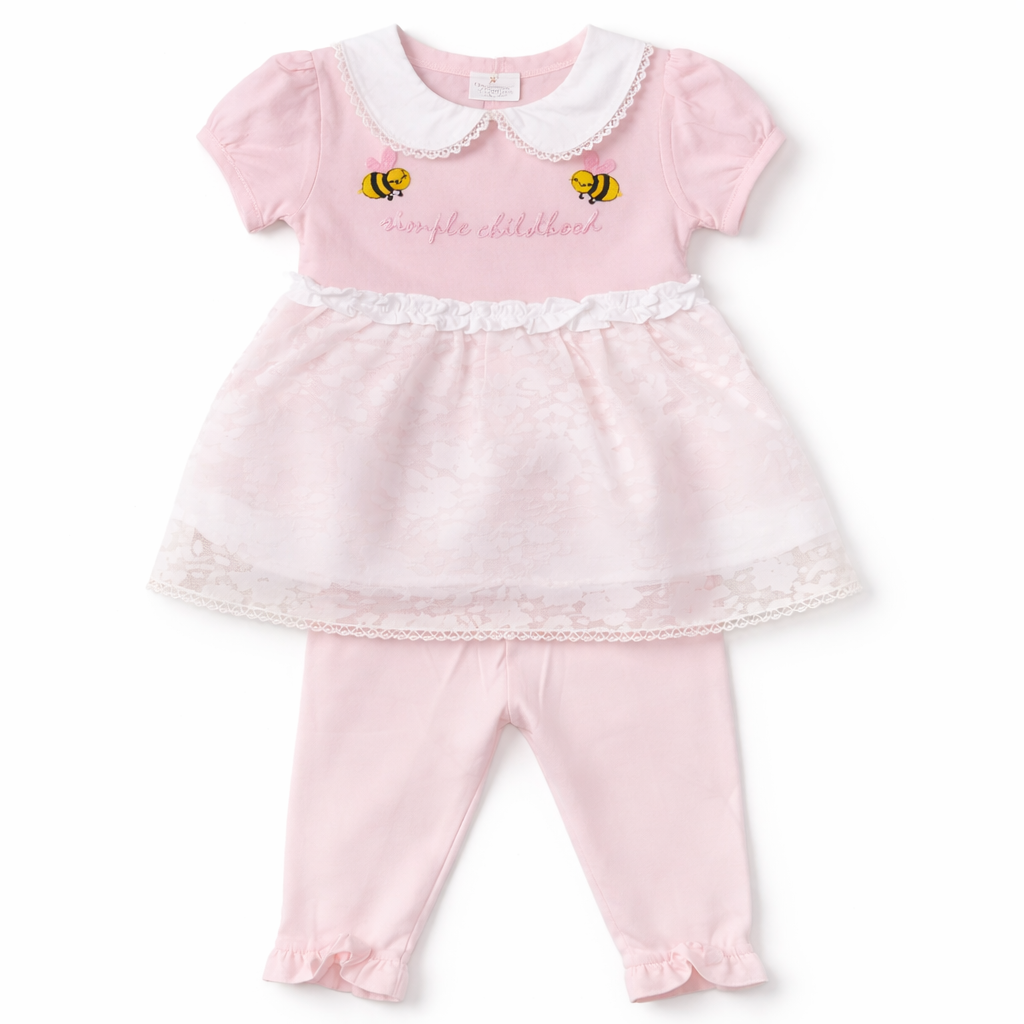 Baby Girl Pink Bee Collar Dress Set – 2 Piece Top & Leggings Outfit