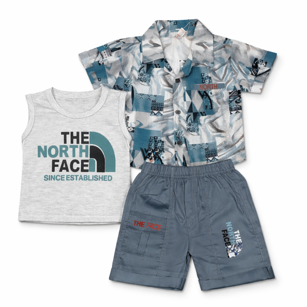 Boys 3-Piece Summer Set – Printed Shirt, Sleeveless Tee & Shorts Outfit