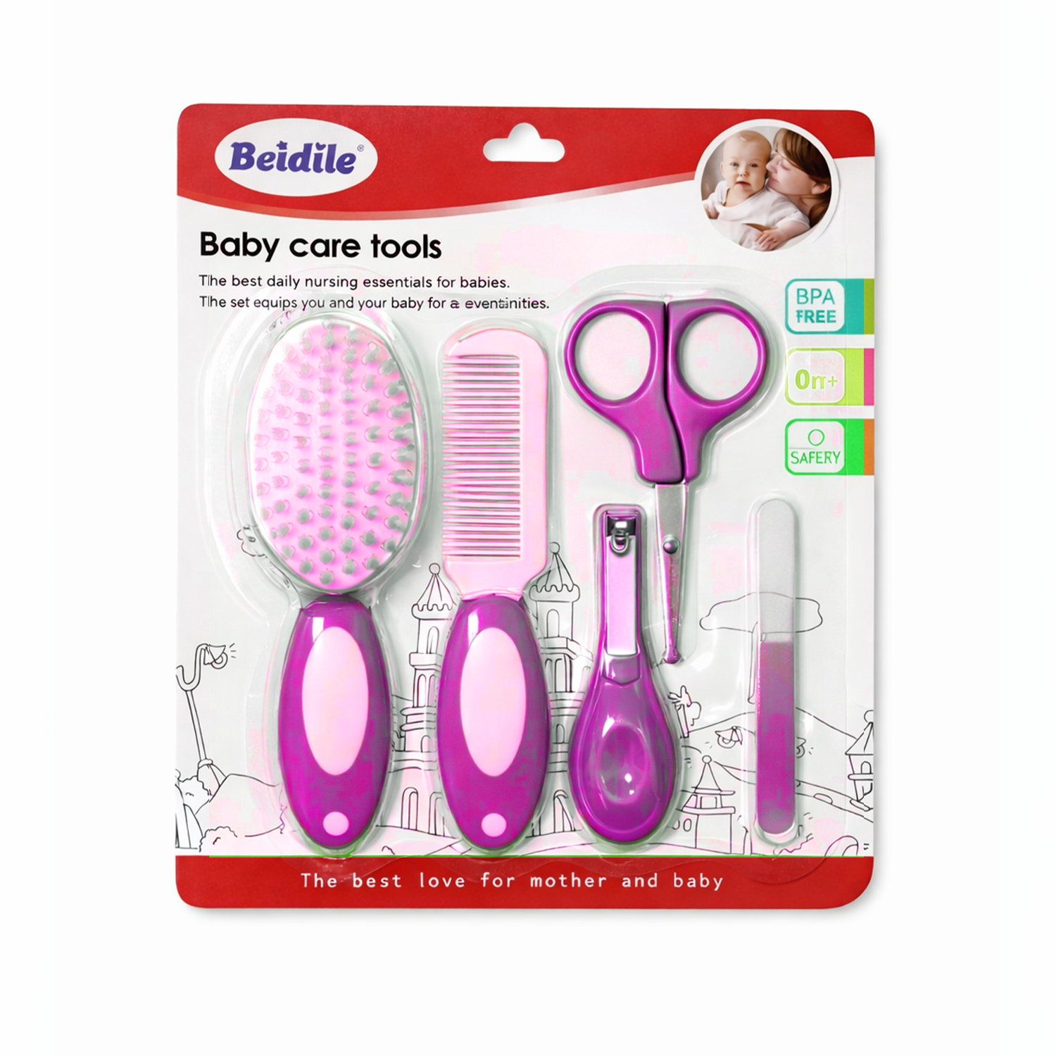 Little Minors 5-in-1 baby grooming kit with brush, comb, scissors, and nail tools for newborn care.