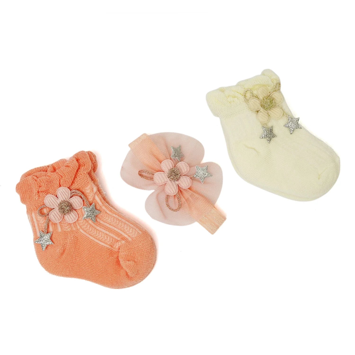 Baby Socks Pack of 3 with Matching Headband