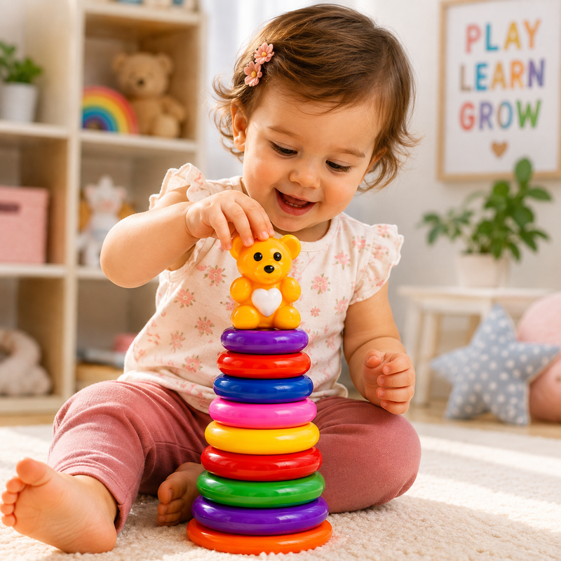 Colorful Ring Stacking Toy with Teddy Bear – Kids Learning & Motor Skills Game