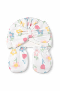 Baby hat and mittens set with colorful floral print, soft cotton, newborn accessories