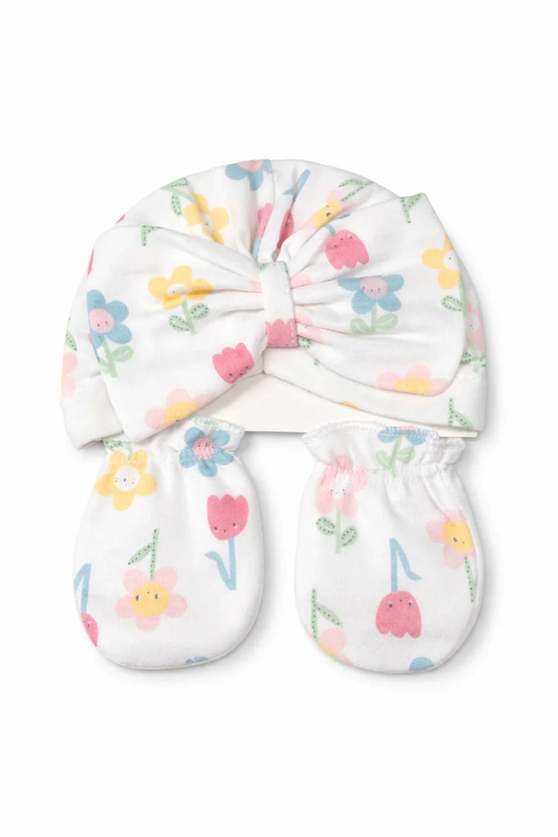 Baby hat and mittens set with colorful floral print, soft cotton, newborn accessories