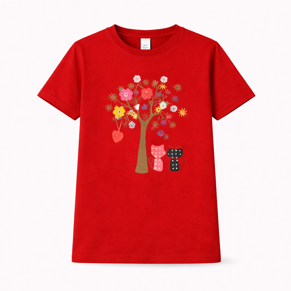 Girls red floral tree T-shirt by Little Minors featuring a cute cat print, suitable for ages 1 to 14 years, summer casual wear. - hover image