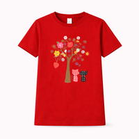 Girls red floral tree T-shirt by Little Minors featuring a cute cat print, suitable for ages 1 to 14 years, summer casual wear.
