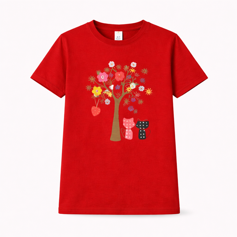 Girls red floral tree T-shirt by Little Minors featuring a cute cat print, suitable for ages 1 to 14 years, summer casual wear.