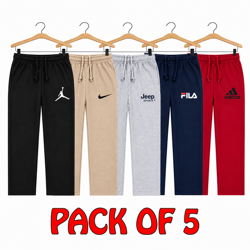 Pack of 5 boys' trousers for kids aged 2 to 13 from Little Minors, showing various casual and sporty styles in different colors.
