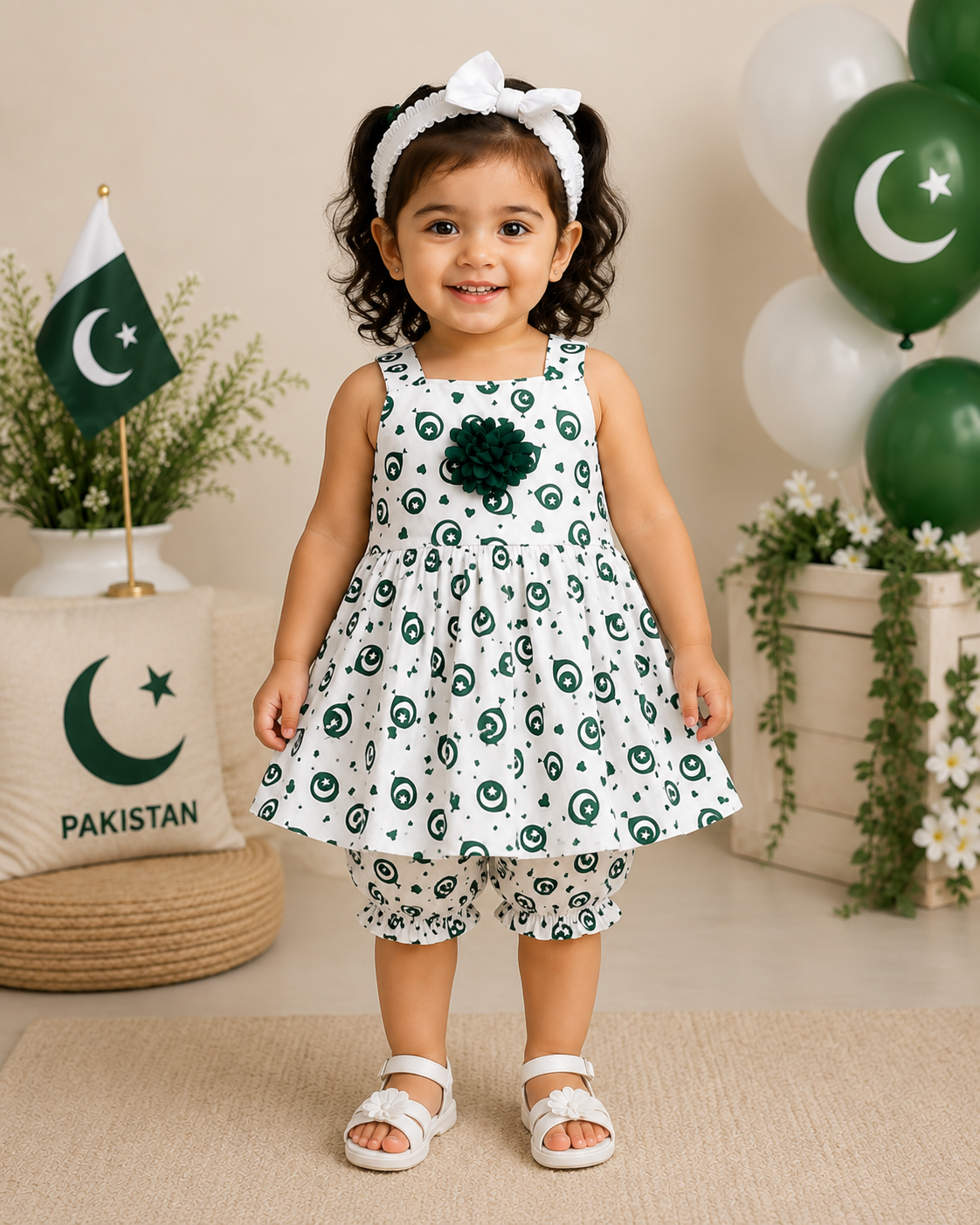 Girls 14 August Independence Day Dress Set – 3 Piece Pakistani Flag Print Outfit