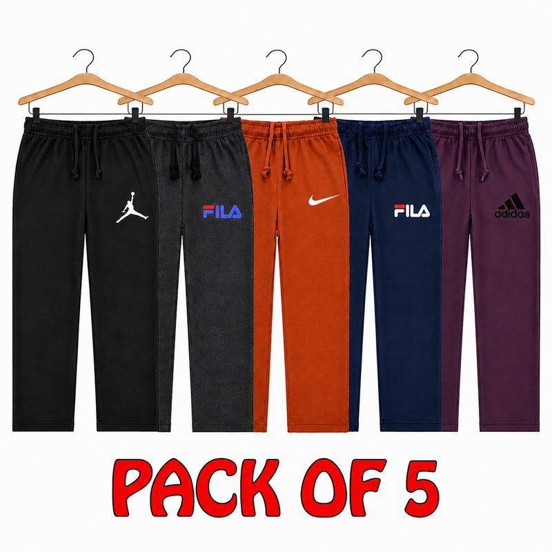 Pack of 5 Little Minors boys' trousers for kids aged 2 to 13 years, shown in various colors and styles.