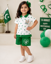 Kids 14 August Green & White Independence Day Shirt & Shorts Set