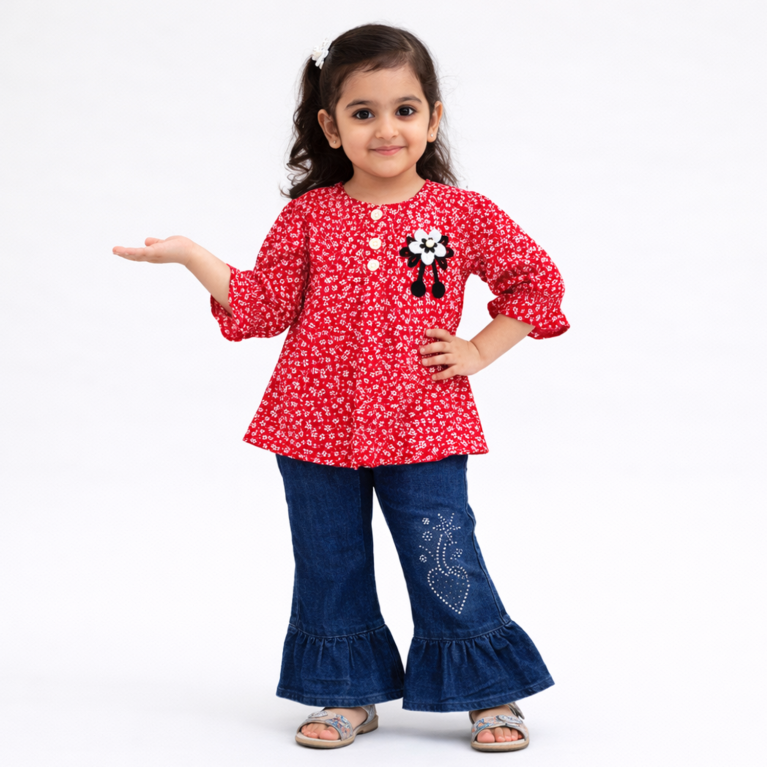 Girls Red Floral Printed Top with Denim Bell Bottom Jeans – Stylish Kids Outfit
