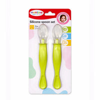 Pack of two green silicone baby spoons with soft tips, BPA free, for feeding infants.