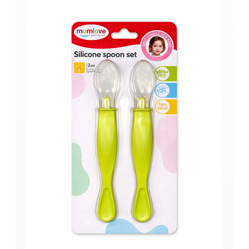 Pack of two green silicone baby spoons with soft tips, BPA free, for feeding infants.