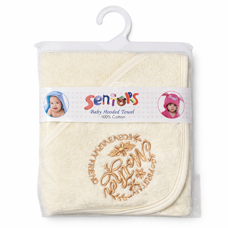 Baby hooded towel by Little Minors, made of 100% soft cotton, featuring a cozy hood and plush texture for newborn bath time.