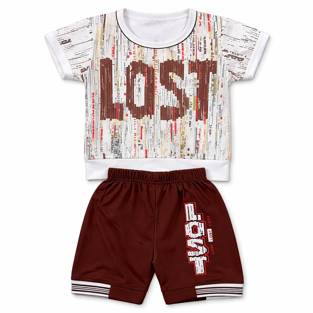 Boys Summer Co-ord Set – Printed T-Shirt & Black Shorts Outfit