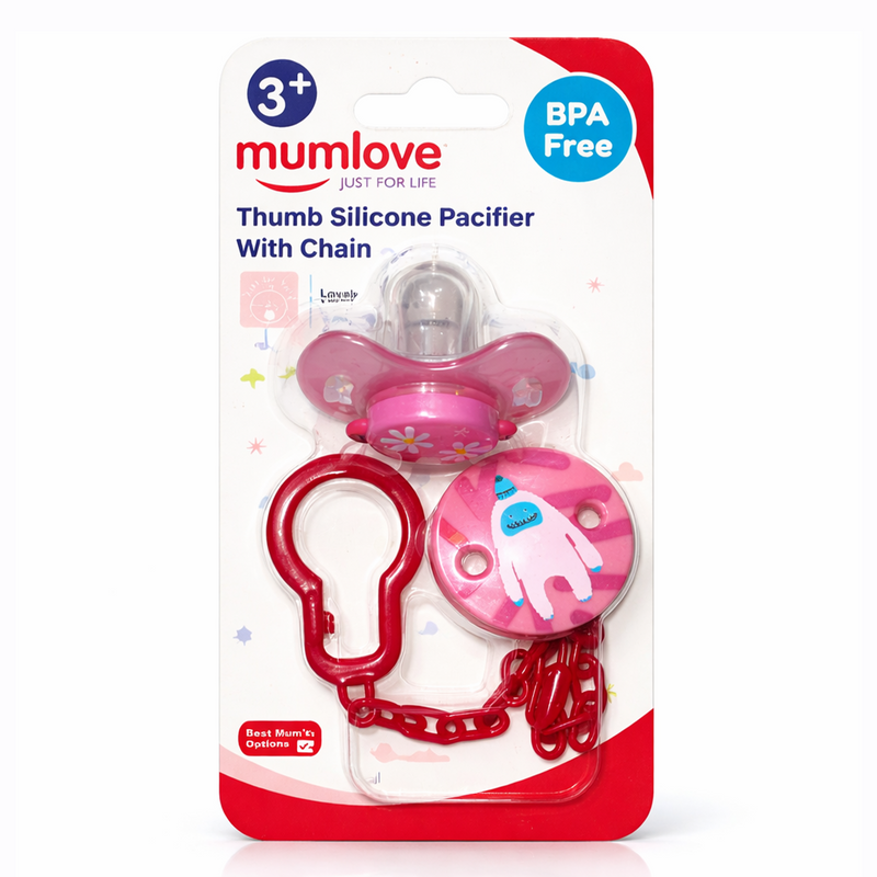 Little Minors baby silicone pacifier with chain, BPA-free soother for newborns 3+ months, shown attached to a baby's clothing.