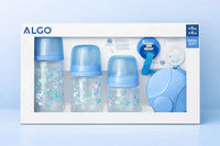 Baby feeding bottle set gift pack with blue lids and cute animal prints, ideal for newborns and infants